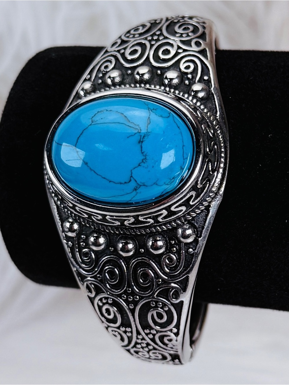 Aged silvertone, faux turquoise blue, cuff bracelet